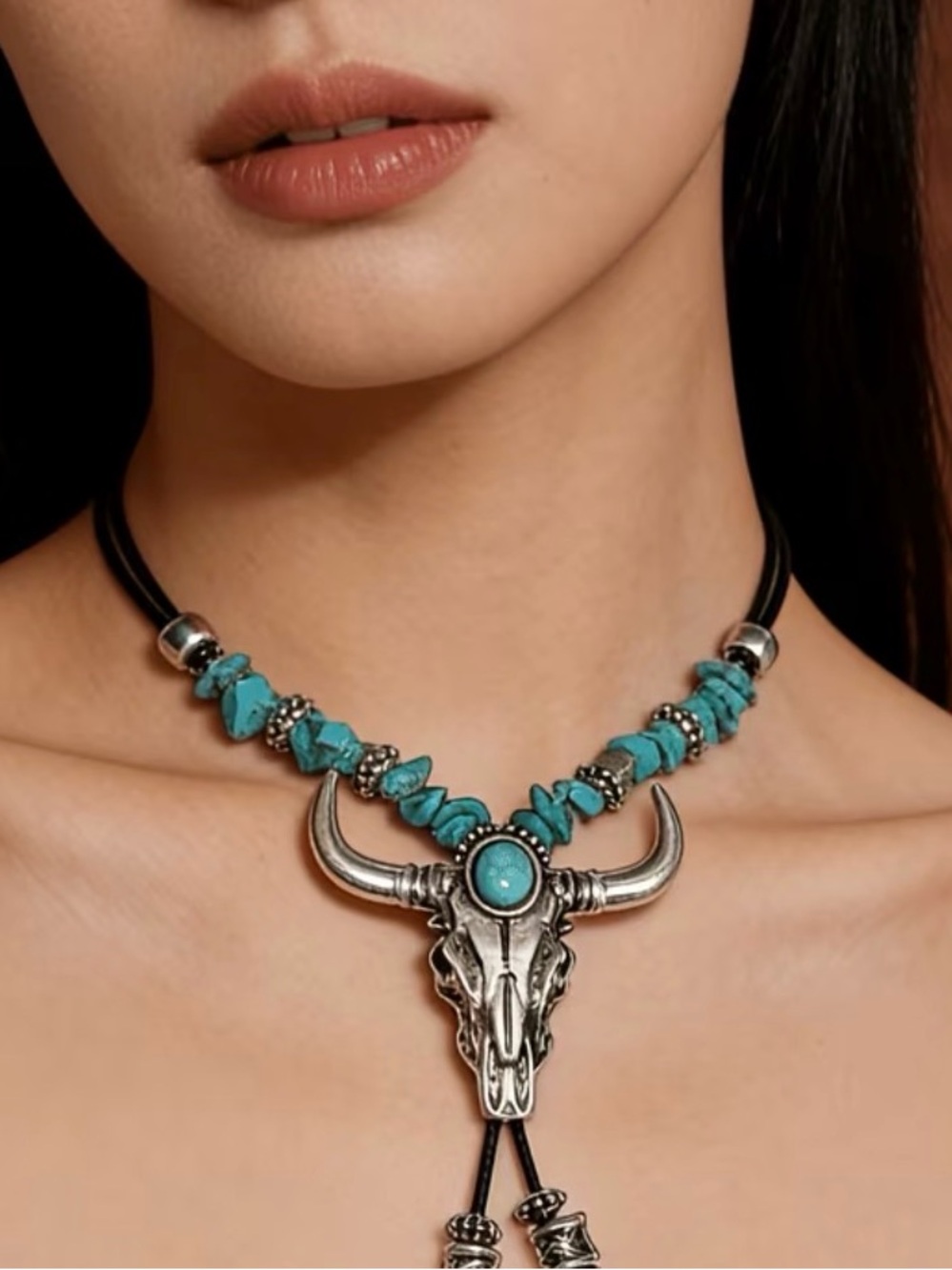 Turquoise Bead Bull Skull Choker Necklace - Women Jewelry